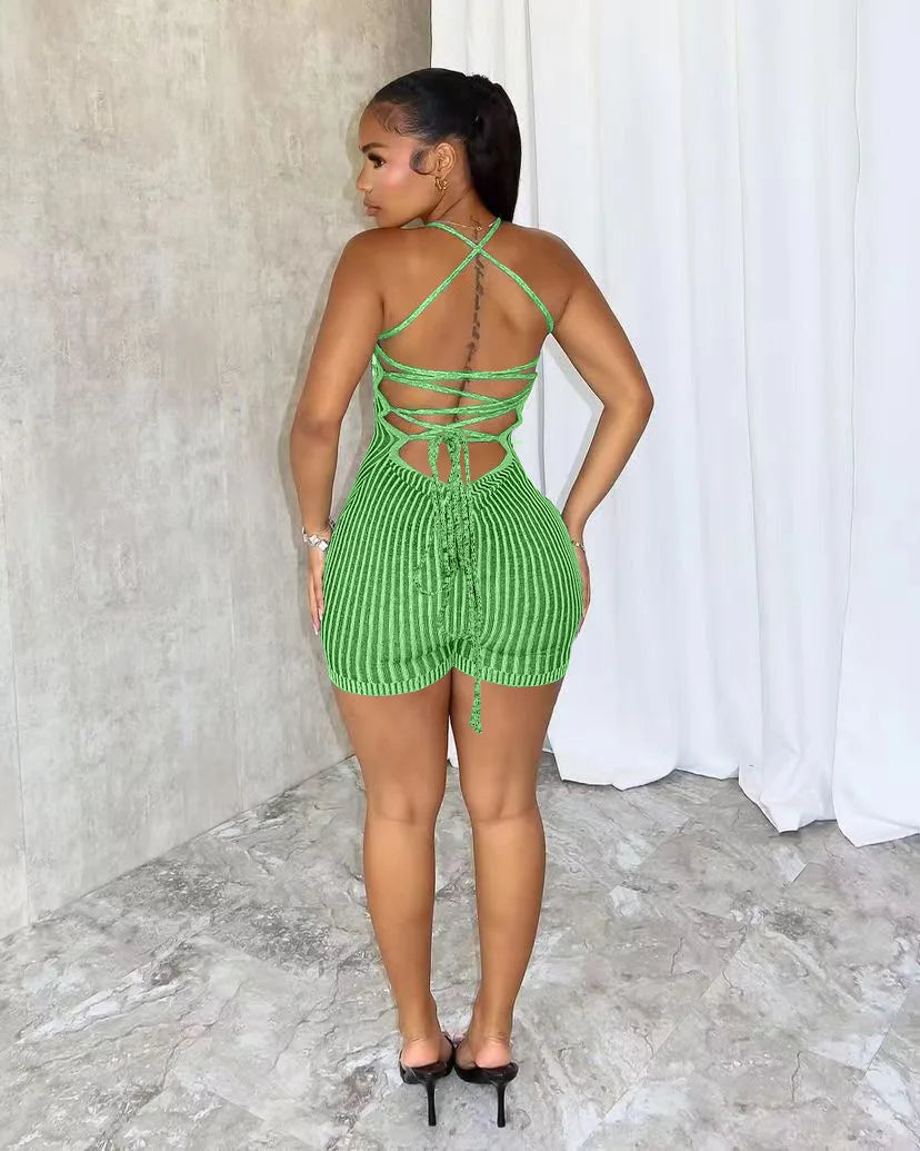 Backless Striped Knitted Sporty Playsuit for Women