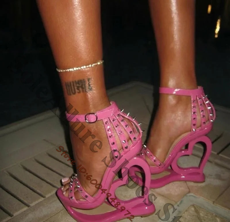 Glossy Patent Leather Spiked Heart Cage Wedge Sandals For Women
