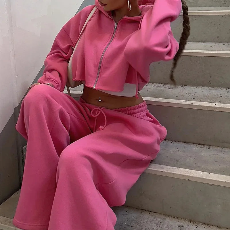 Hooded Cropped Sweatshirt And Long Pants Set for Women