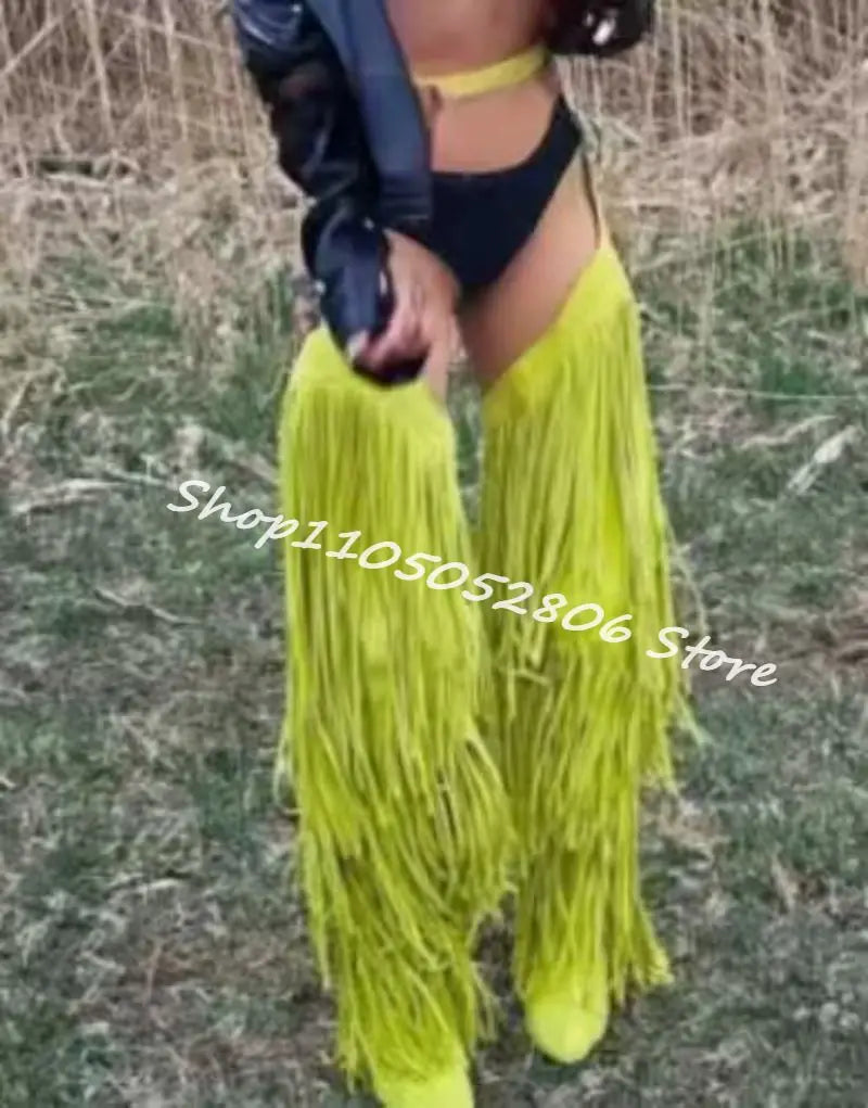 Fringe Belted Suede Over the Knee Boots with Pointed Toe and Thin Heel for Women