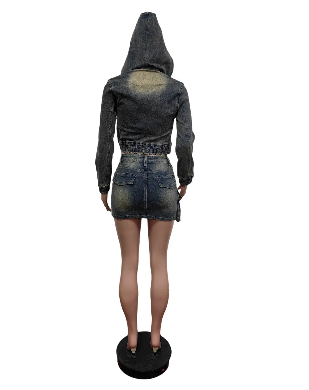 Retro Denim Patchwork Cargo Two Piece Set for Women