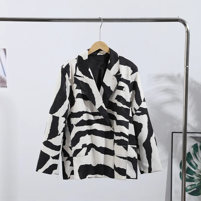 Oversized Zebra Print Long Sleeve Blazer for Women