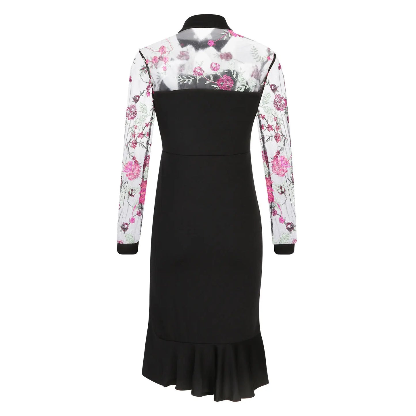 Women Sexy See-Through Mesh Dress Patchwork Ruffles Floral Dress Long Sleeve Party Slim Dress Elegent Daily Wear