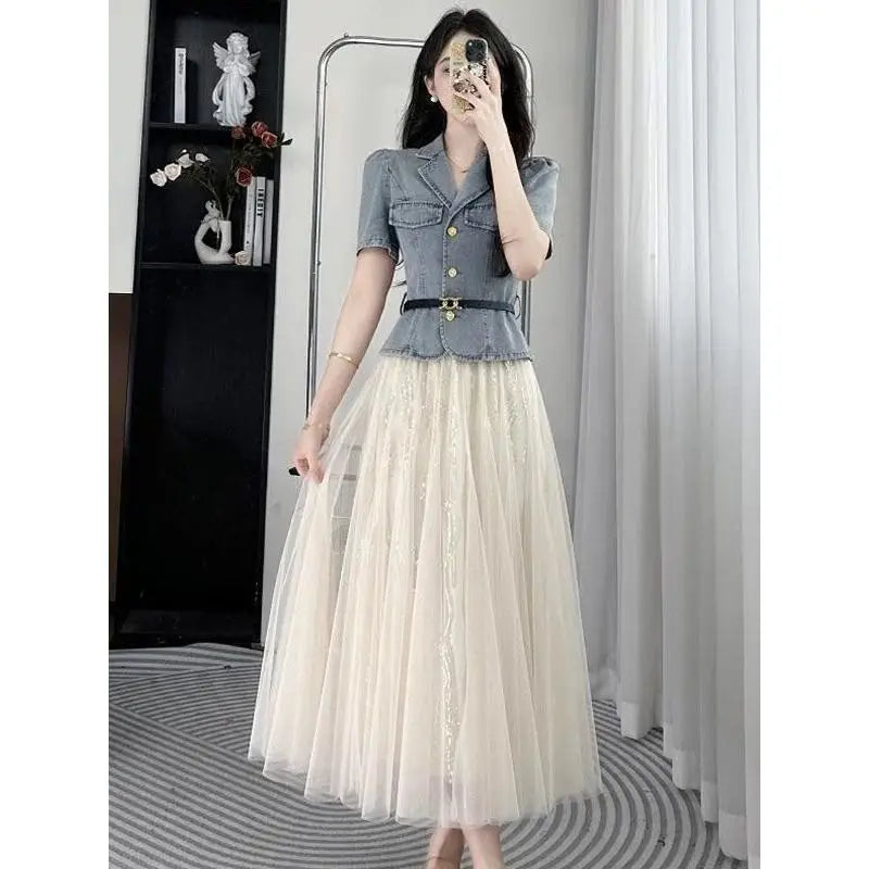 Slim Waist Denim Jacket and Mesh Skirt Two Piece Set for Women