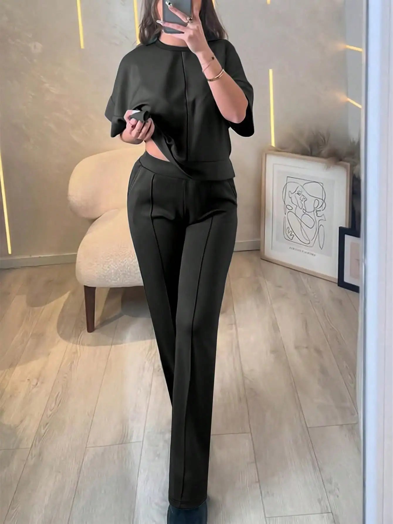 New Spring and Summer Ladies' Set: Comfortable Solid-Color Short-Sleeve Top with Elastic Waist Pocketed Long Pants Two-Piece Set, Soft Stretch Polyester-Acrylic Fabric
