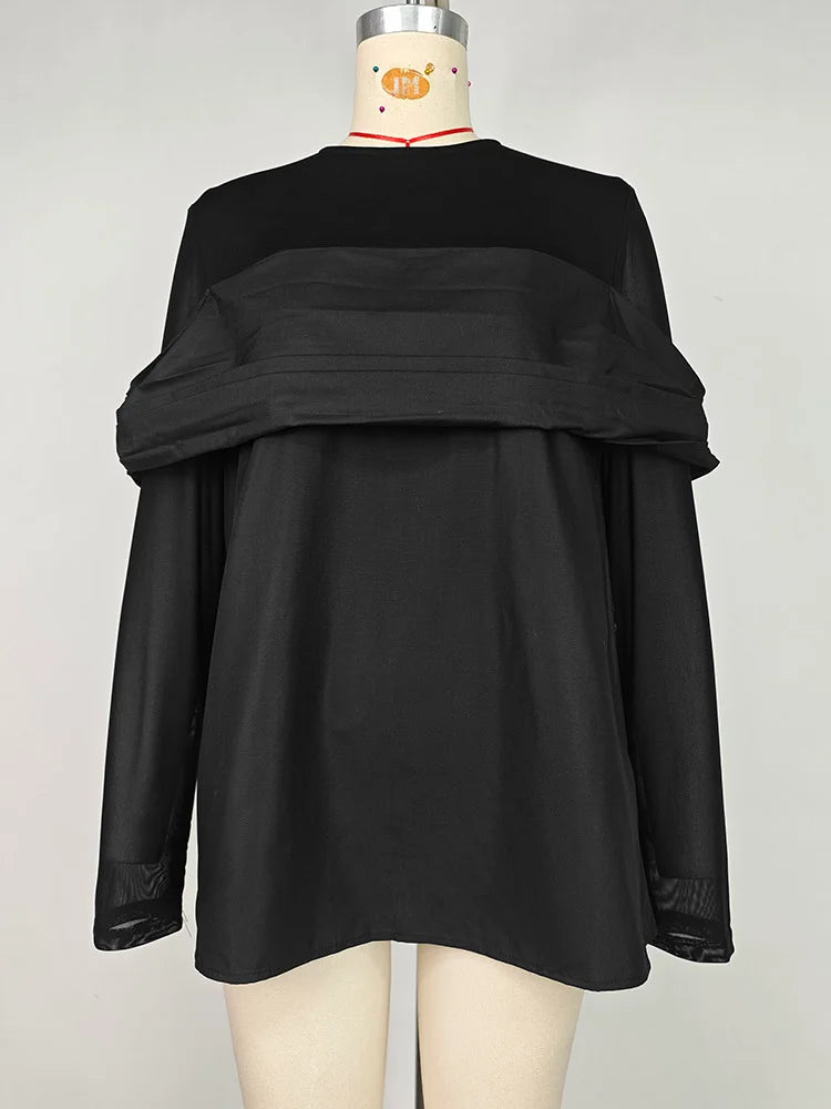 Beautyblue False Two Long Sleeves Tops Women Clothing 2025 New Spring See-Through Round-Neck Slimming Skinny T-Shirts Black Tee