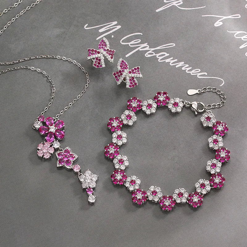 Vintage Blue Floral Zircon Necklace and Bracelet Set for Women