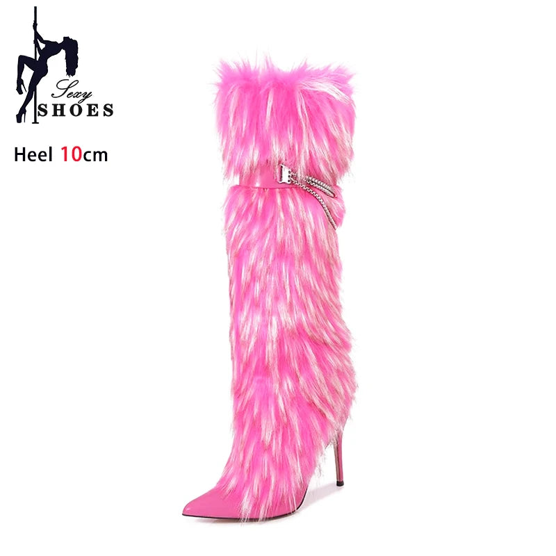 Elegant Faux Fur Knee High Stiletto Boots for Women