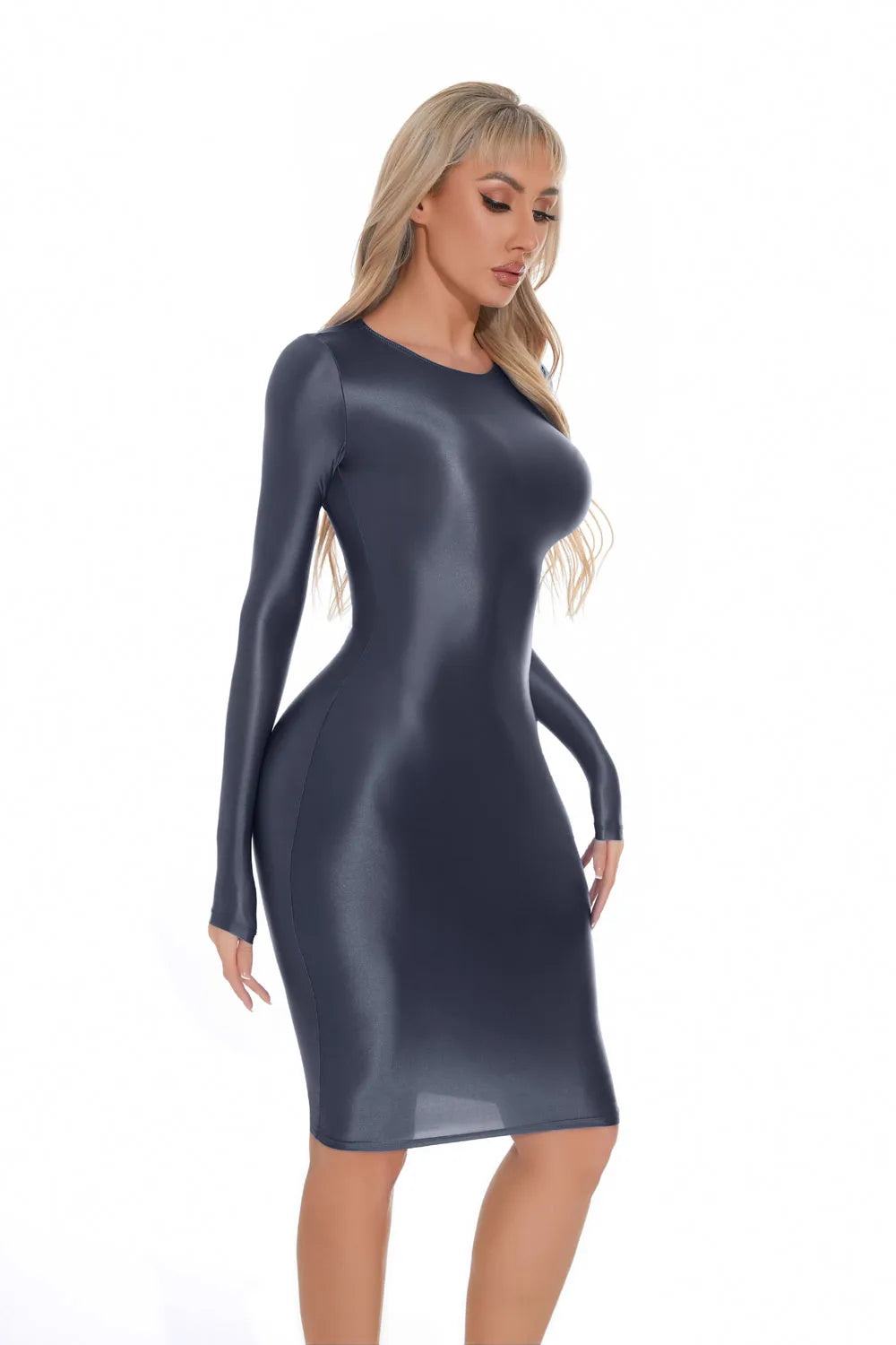 Shiny Long Sleeve Fitted Bodycon Midi Dress for Women