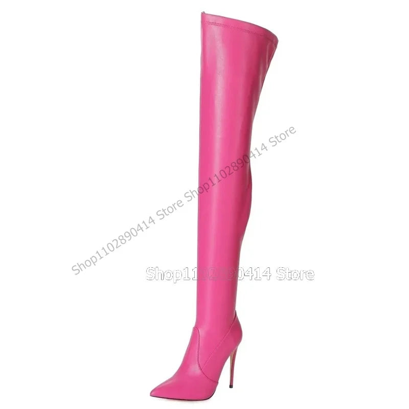 Rose Red Pointed Toe Side Zipper Thigh High Heel Boots for Women