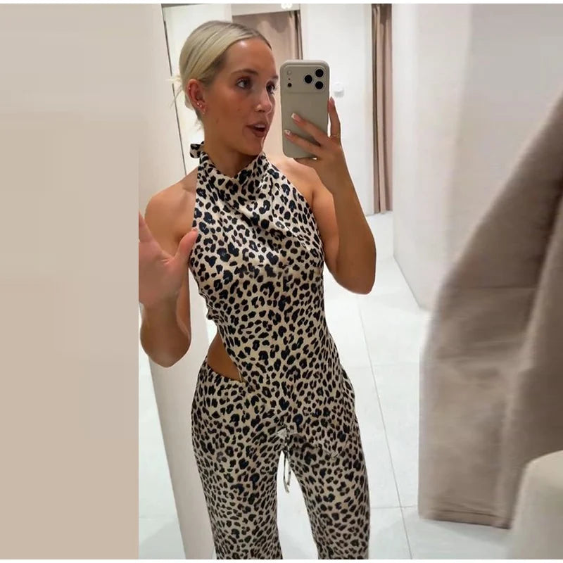 Leopard Print Halter Neck Top And High Waist Flare Pants Set For Women