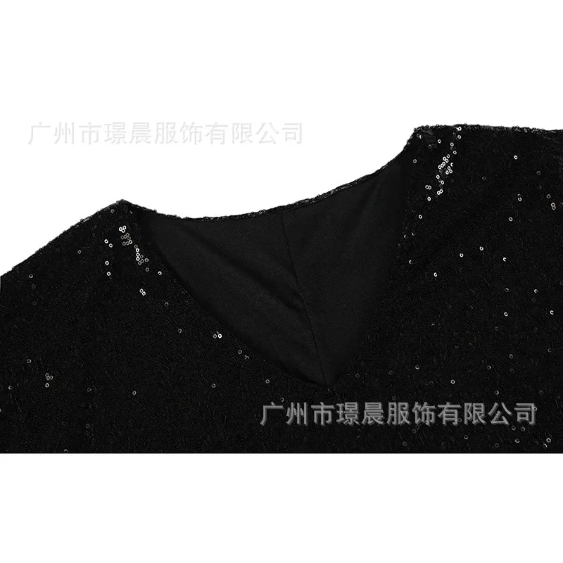 Chic Solid Color Sequin Long Sleeve Mini Dress for Women