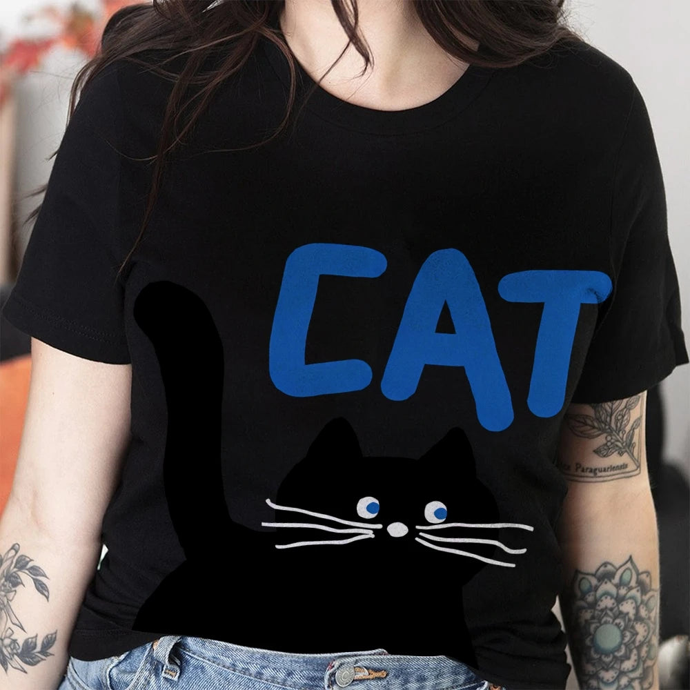 Women's Basic Crew Neck Tee Trendy Y2K Women's Short Sleeve Cartoon Cat Print Cute Aesthetic Cotton Casual T-Shirt
