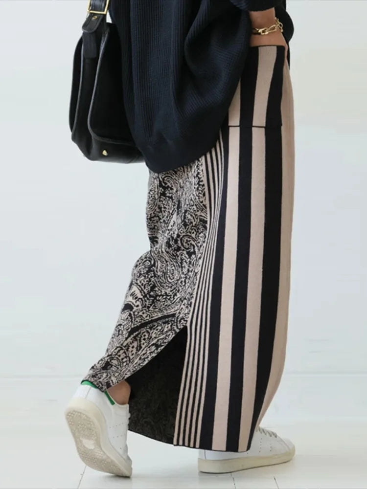 Gymystars Casual Autumn Two Piece Set Elegant Loose Striped Pullovers Column Knitting Skirts Fashion Trend Winter Skirts Suits