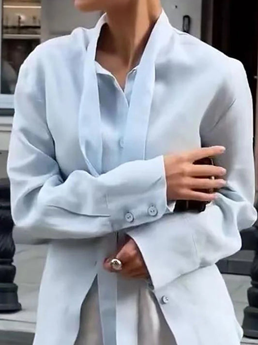 Fashion High Street Loose T-shirt Simple Solid Color Lapel Long Sleeved Shirt New Autumn Single Breasted Women's Casual Top Tees