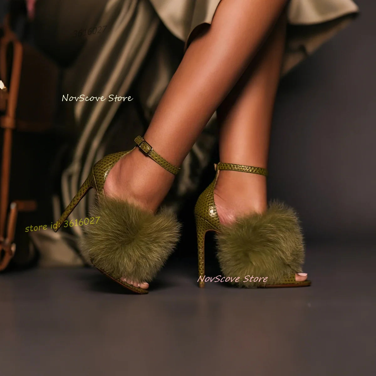 Faux Fur Ankle Strap Open Toe Stiletto Sandals For Women