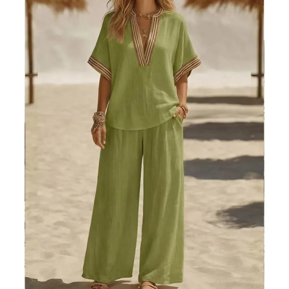 Striped V Neck Short Sleeve Two Piece Set for Women