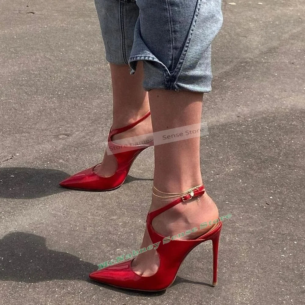 Red Pointed Toe Sandals With Buckle And Ankle Strap For Women