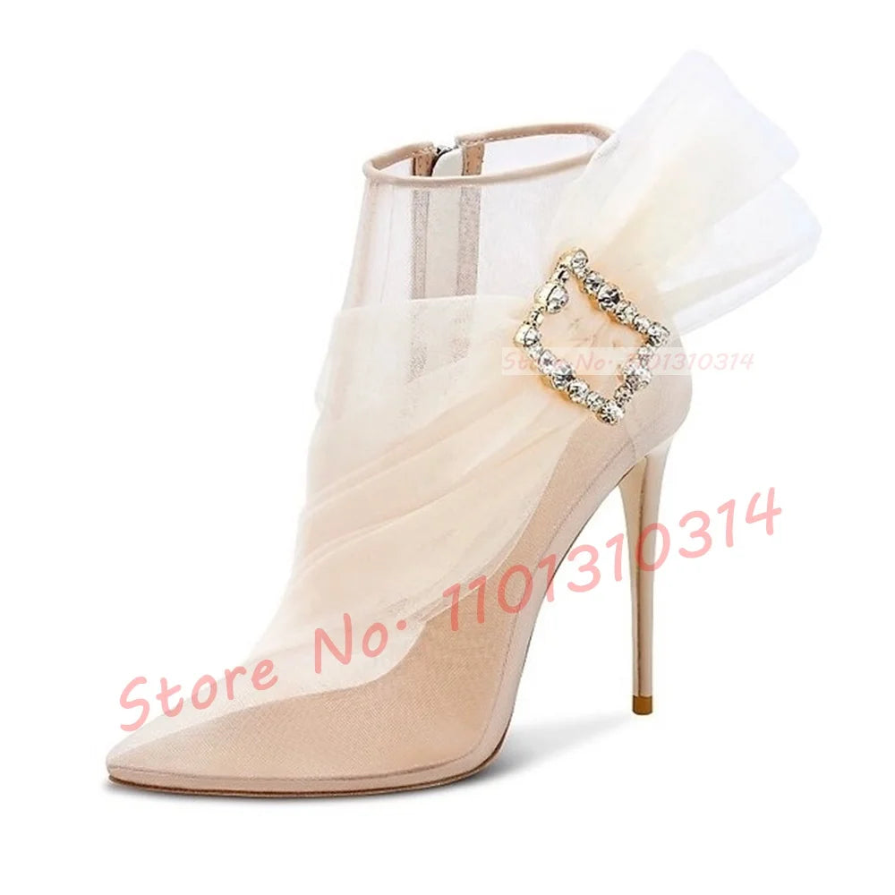 See Through Mesh Crystal Buckle Ankle Booties for Women