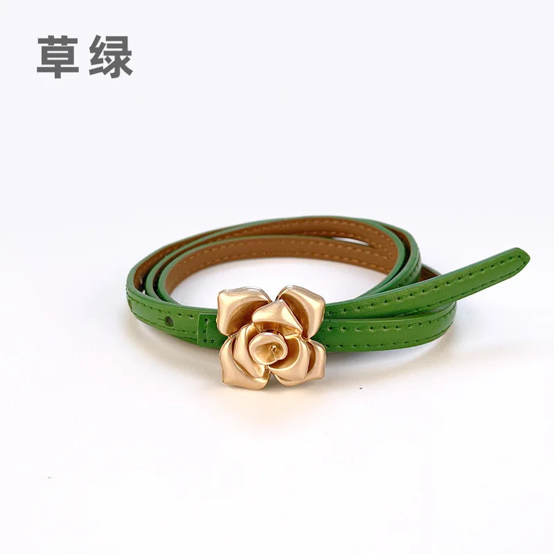 Double Sided Metal Flower Buckle Thin Belt for Women