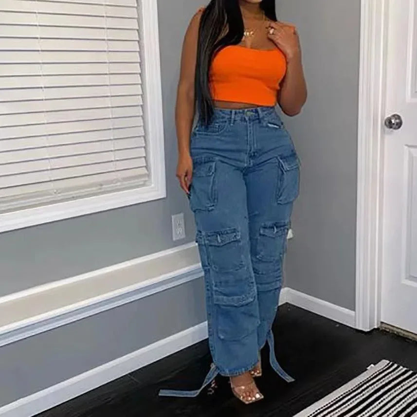 High-Waisted Loose-Fit Multi-Pocket Cargo Jeans for Women