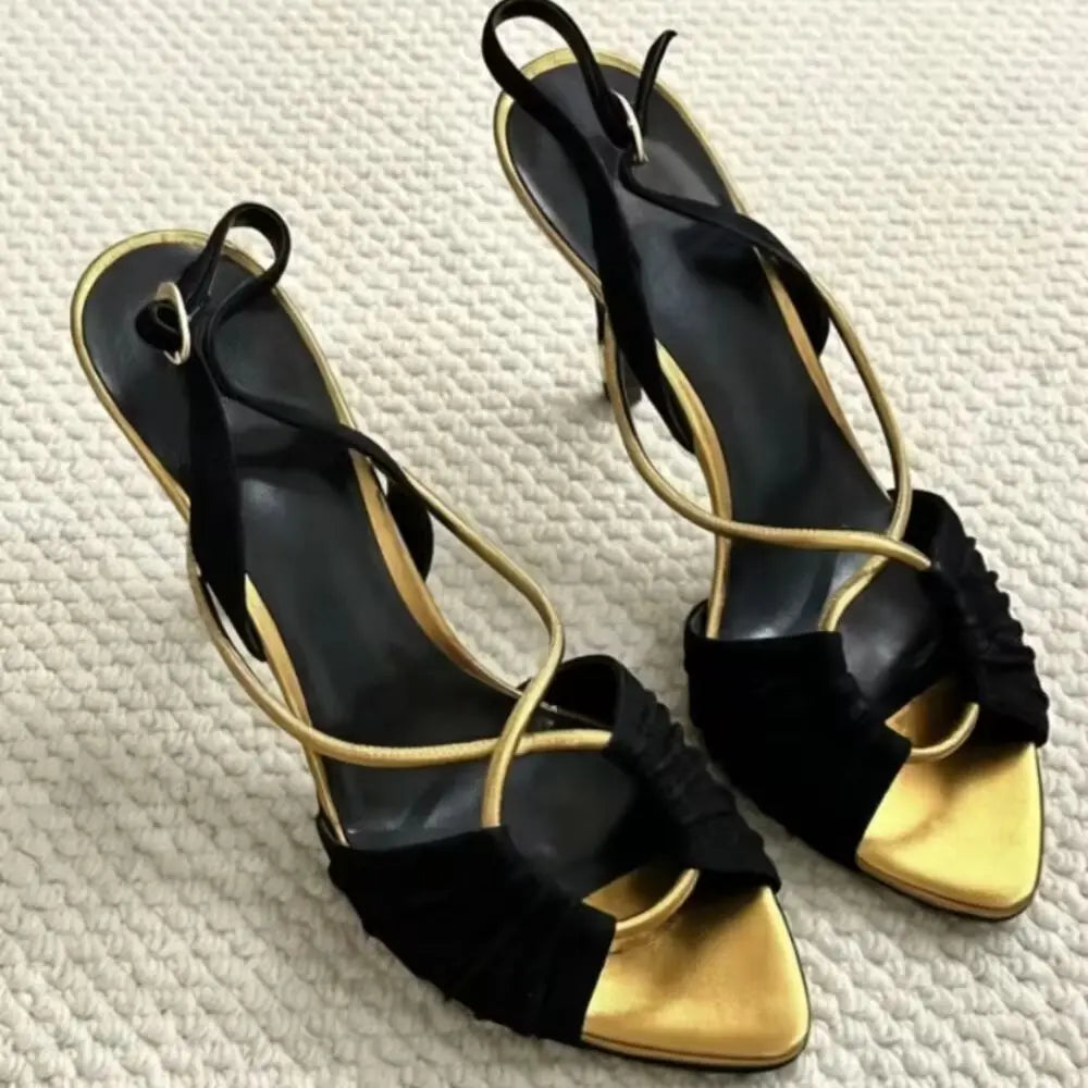 Black And Gold Pointed Toe Stiletto Sandals With Crisscross Straps For Women