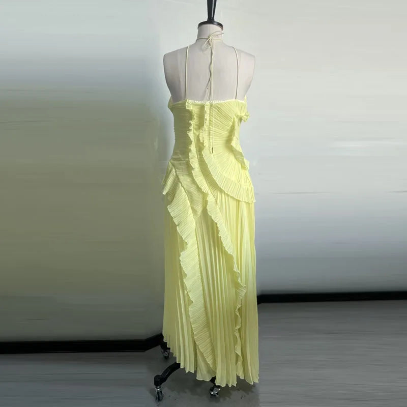 Chic Pleated Halter Neck Long Vacation Dress High Quality Purple Strapless Lotus Edge Maxi Dress 2025 New Lady Vacation Gown