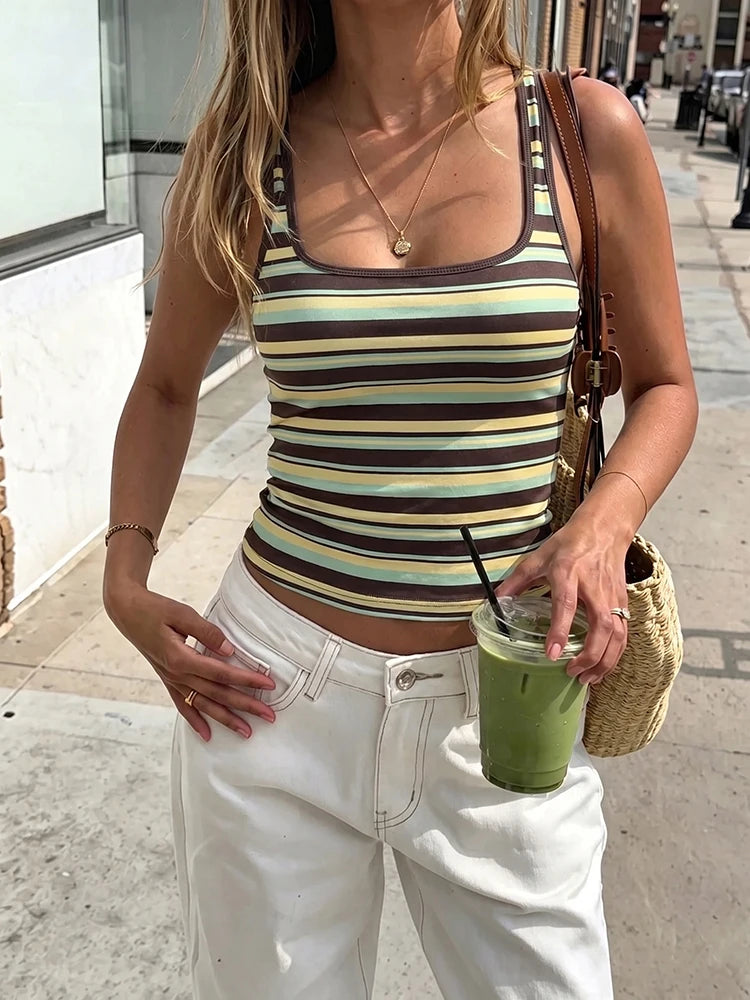 Striped Patchwork Stretch Backless Tank Top for Women