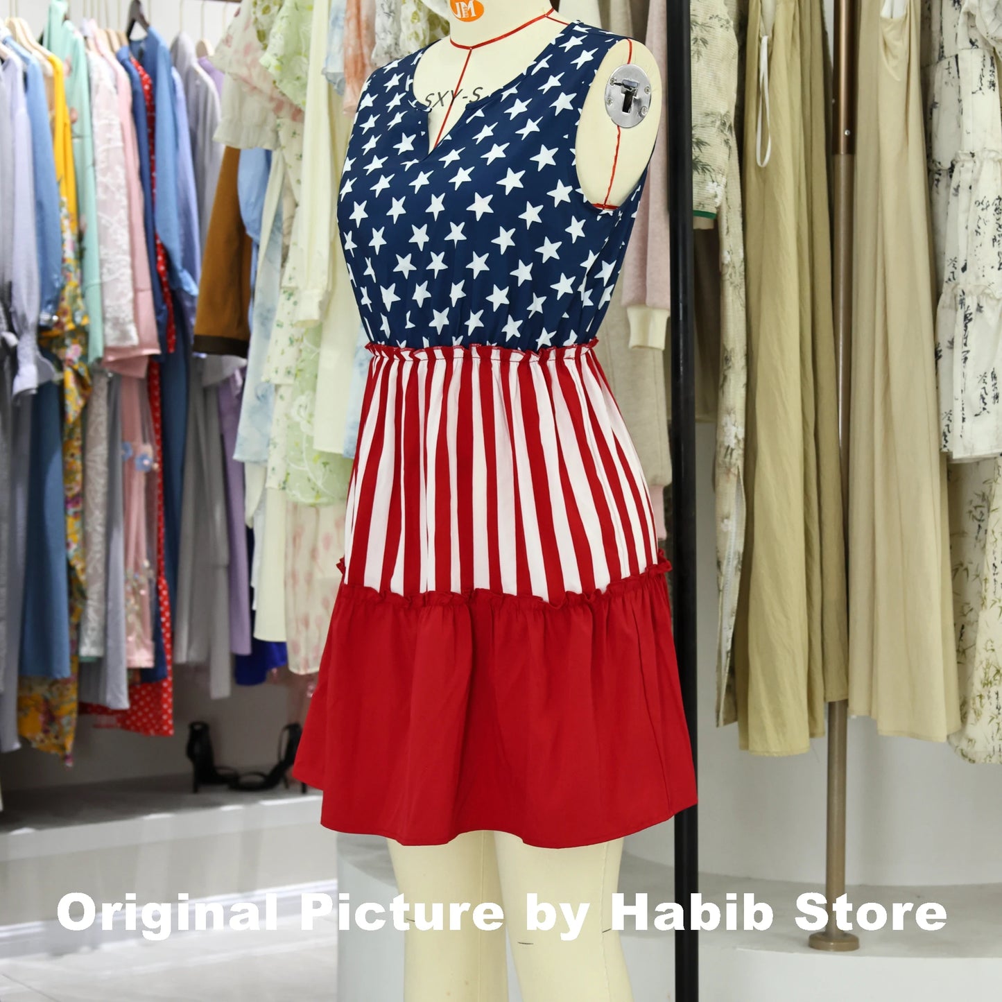 Midi Dress High Waist Ruffle Casual Sleeveless Women American Flag Star Mini Summer Girl Beach Female Vest Dress Gyaru Clothes