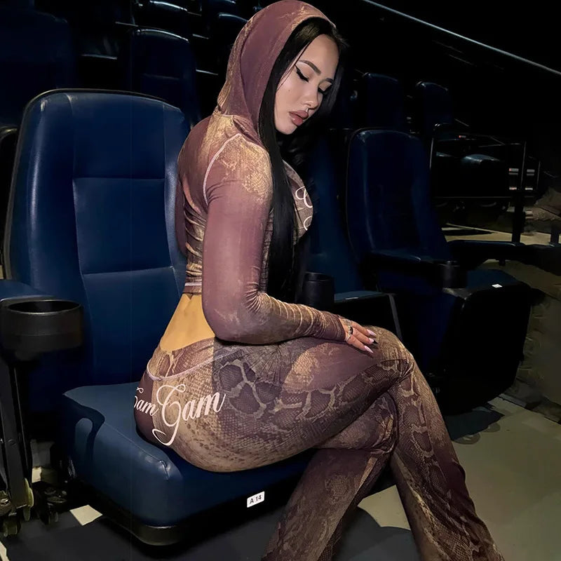 Snake Print Zip Jacket and Pants Two Piece Set for Women