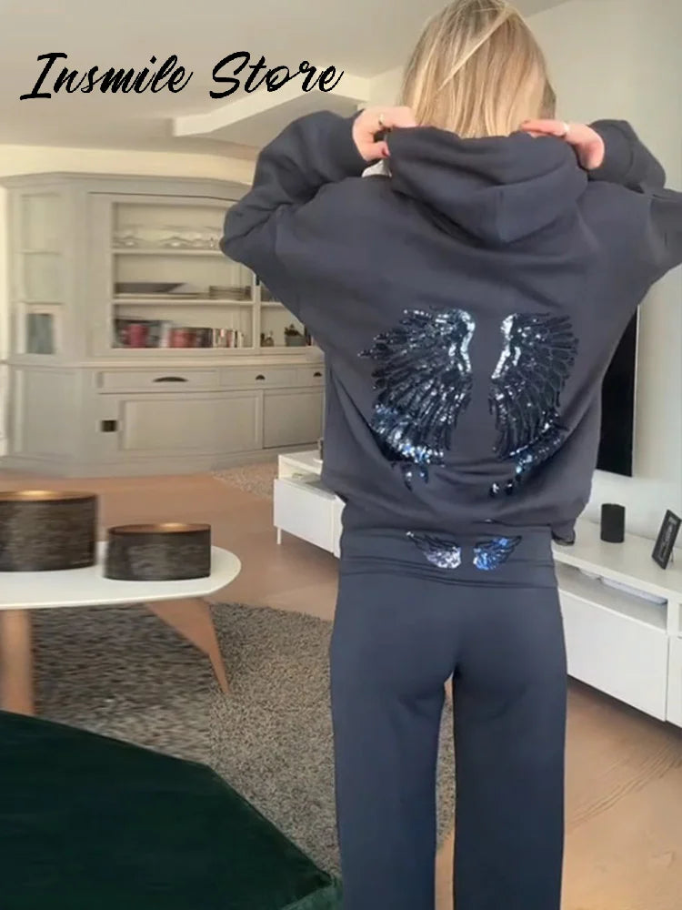 Sequin Wing Design Hooded Sweatshirt Pants Set For Women