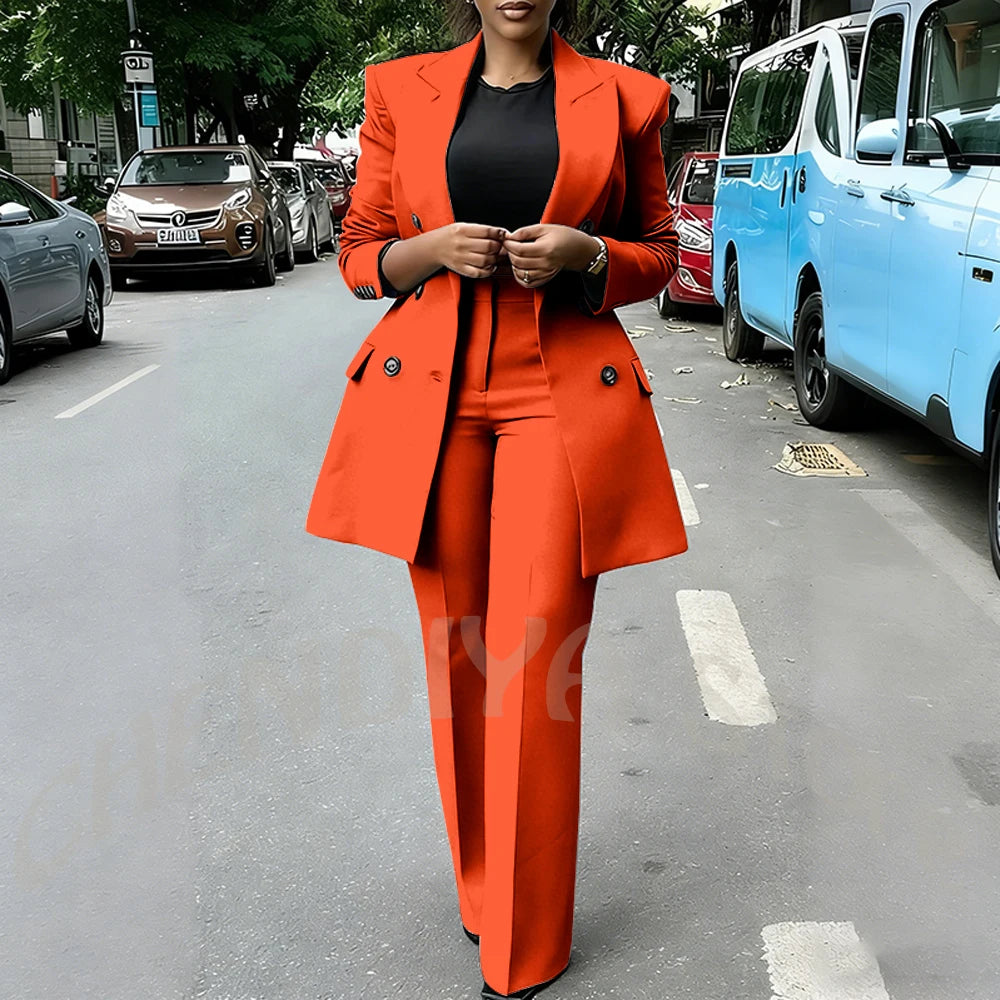 High Quality Women Suits Double Breasted Straight Formal 2 Piece Jacket Pants Peak Lapel High Street Daily Office Casual Suit