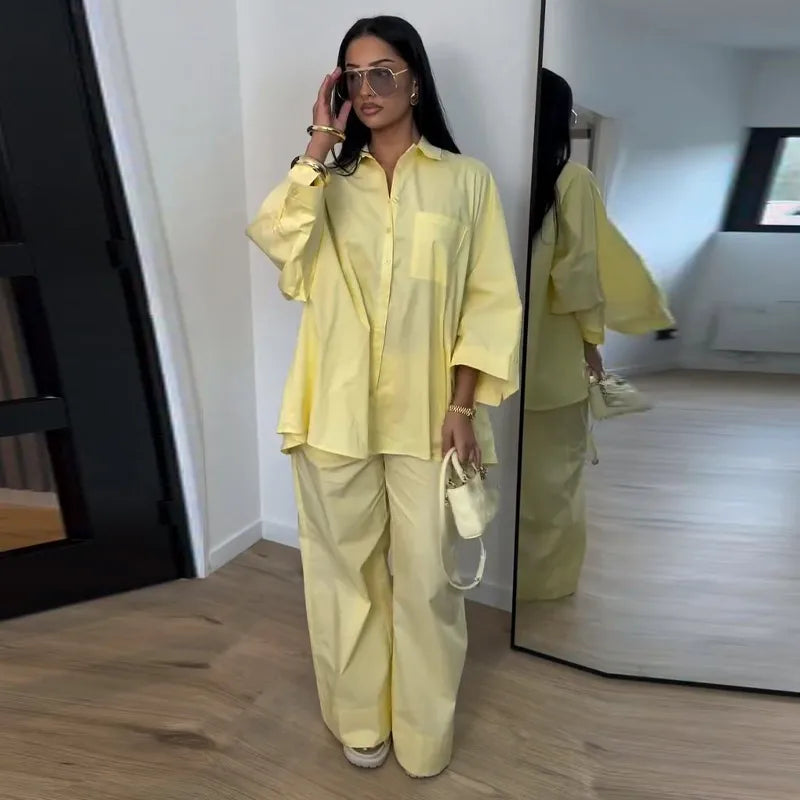 Casual Solid Shirt and Wide Leg Pants Set for Women
