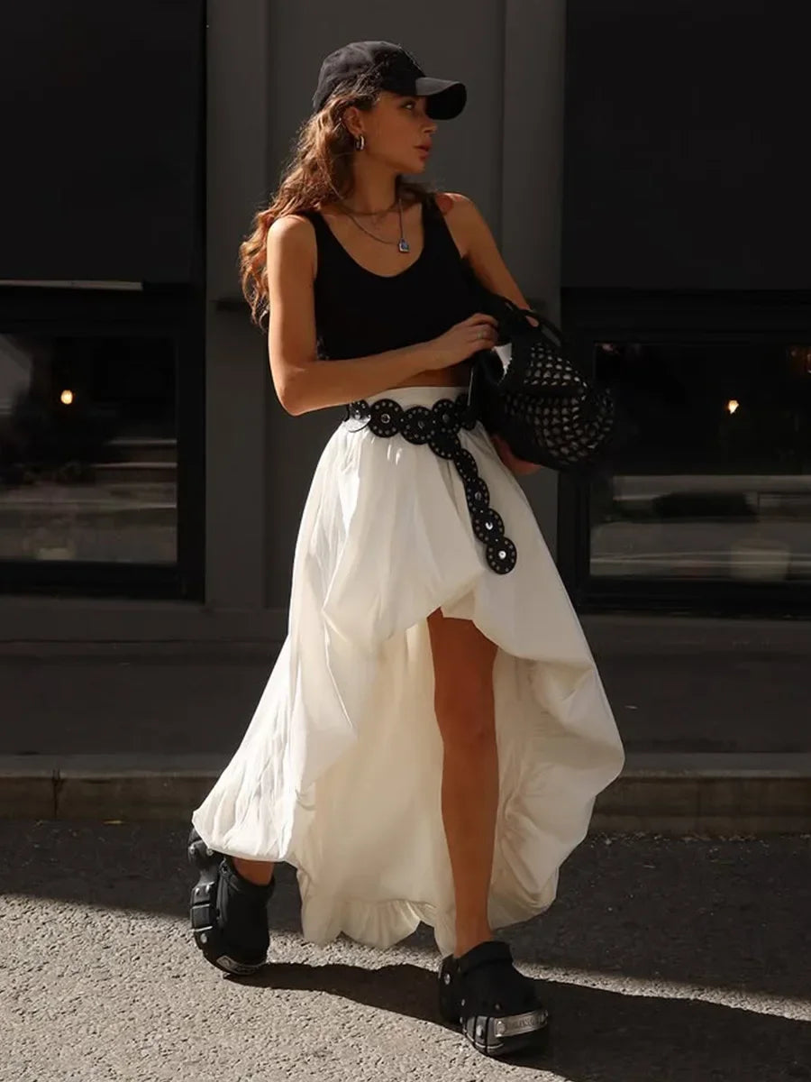 Cotton Ruched Asymmetric Midi Skirt
