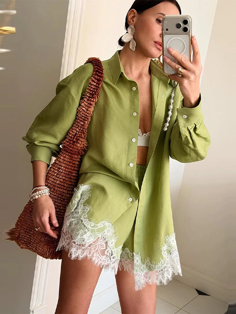 Casual Lace Patchwork Shirt and Shorts Set for Women