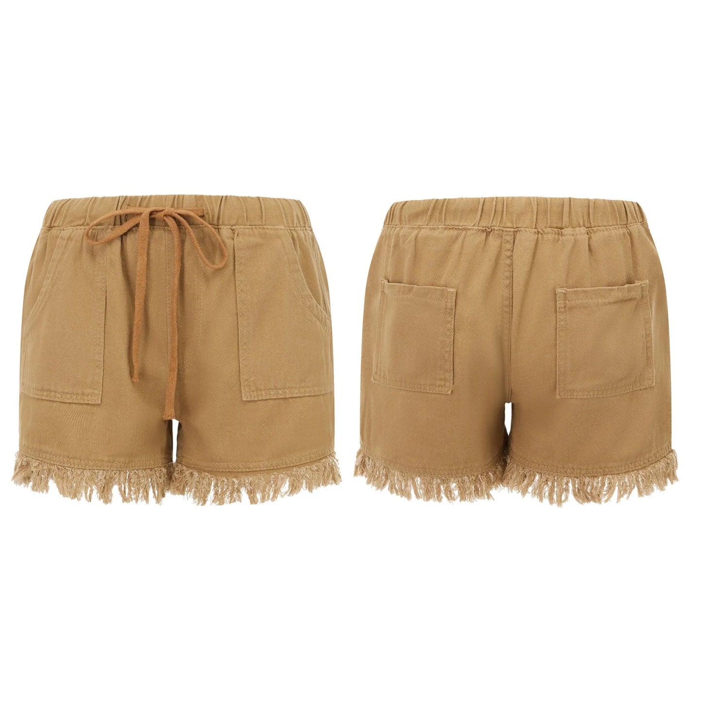 Drawstring Elastic Waist Denim Shorts With Frayed Hem and Pockets for Women