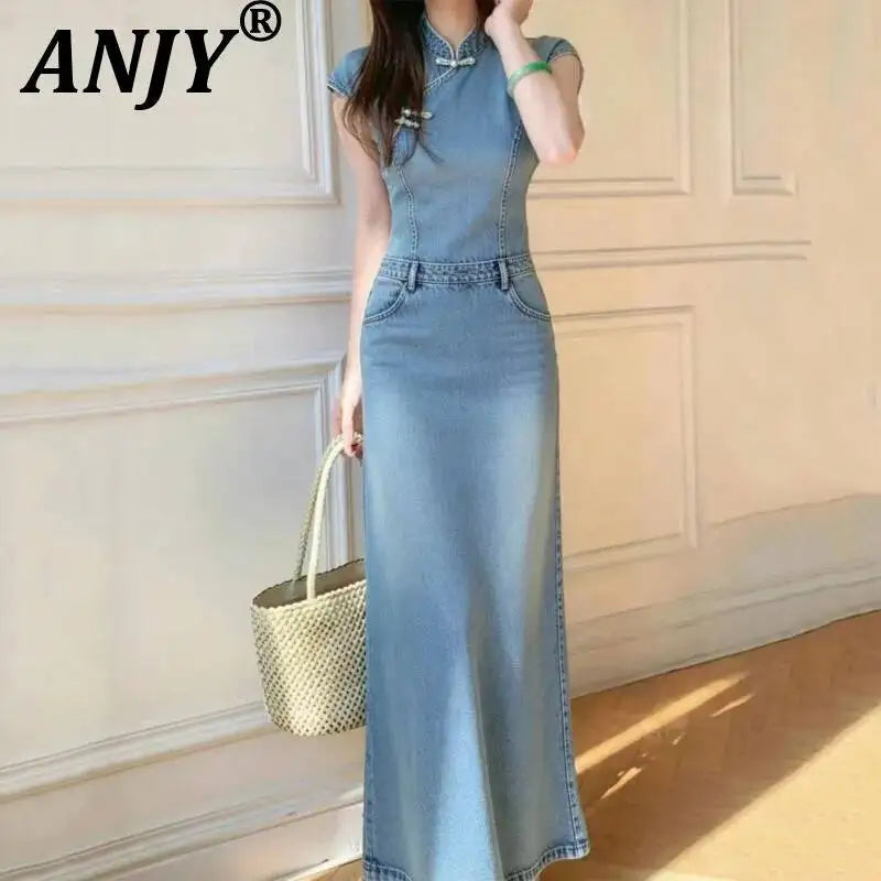 ANJY Spring Summer New Women Chinese Style Washed Denim Cheongsam Dress Elegant Vintage Design Niche Stylish Long Dresses A25172