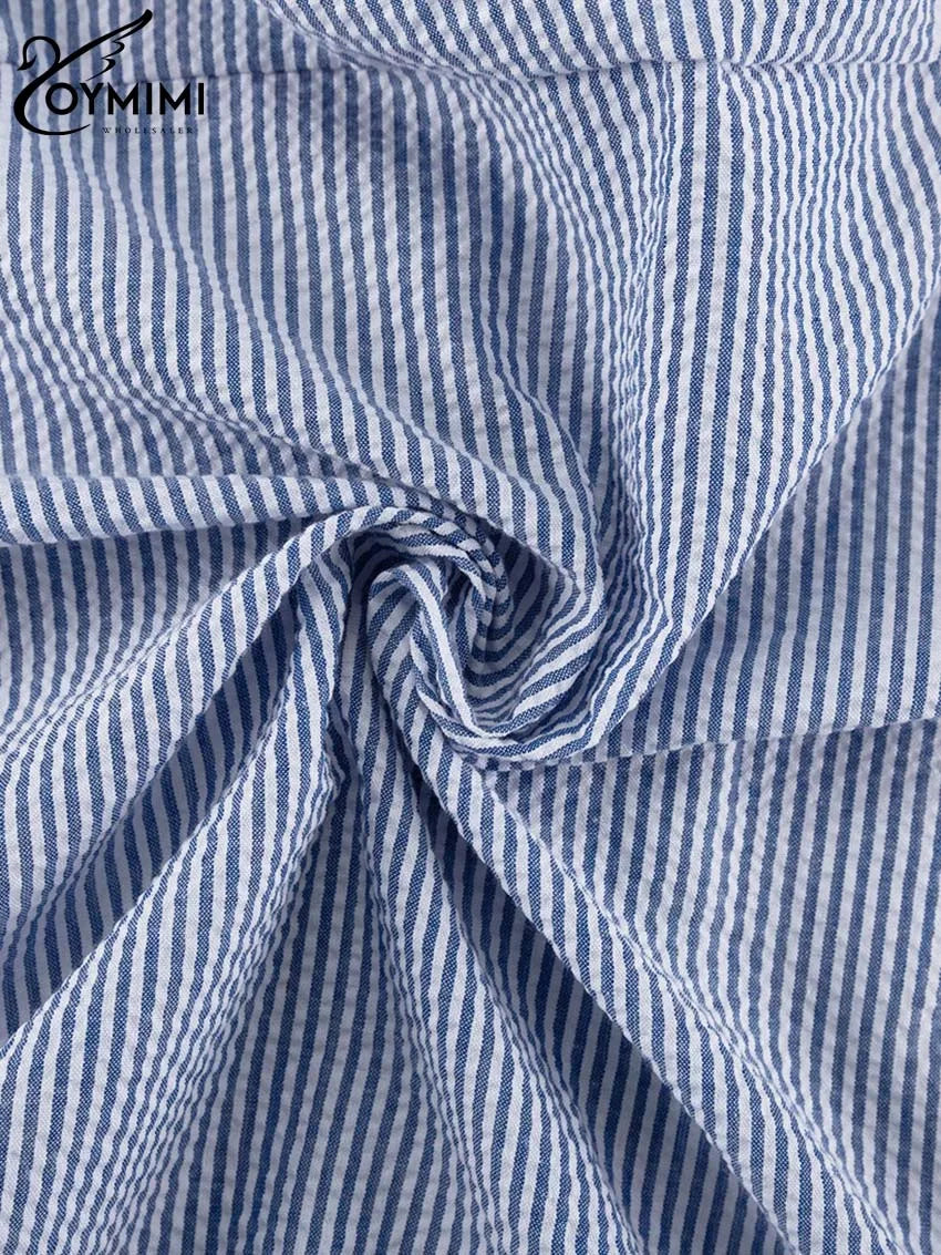 Oymimi Casual Dark Blue Print Women's Two Pieces Set Elegant Long Sleeve Button Shirt And Low Waist Straight Trousers Female Set