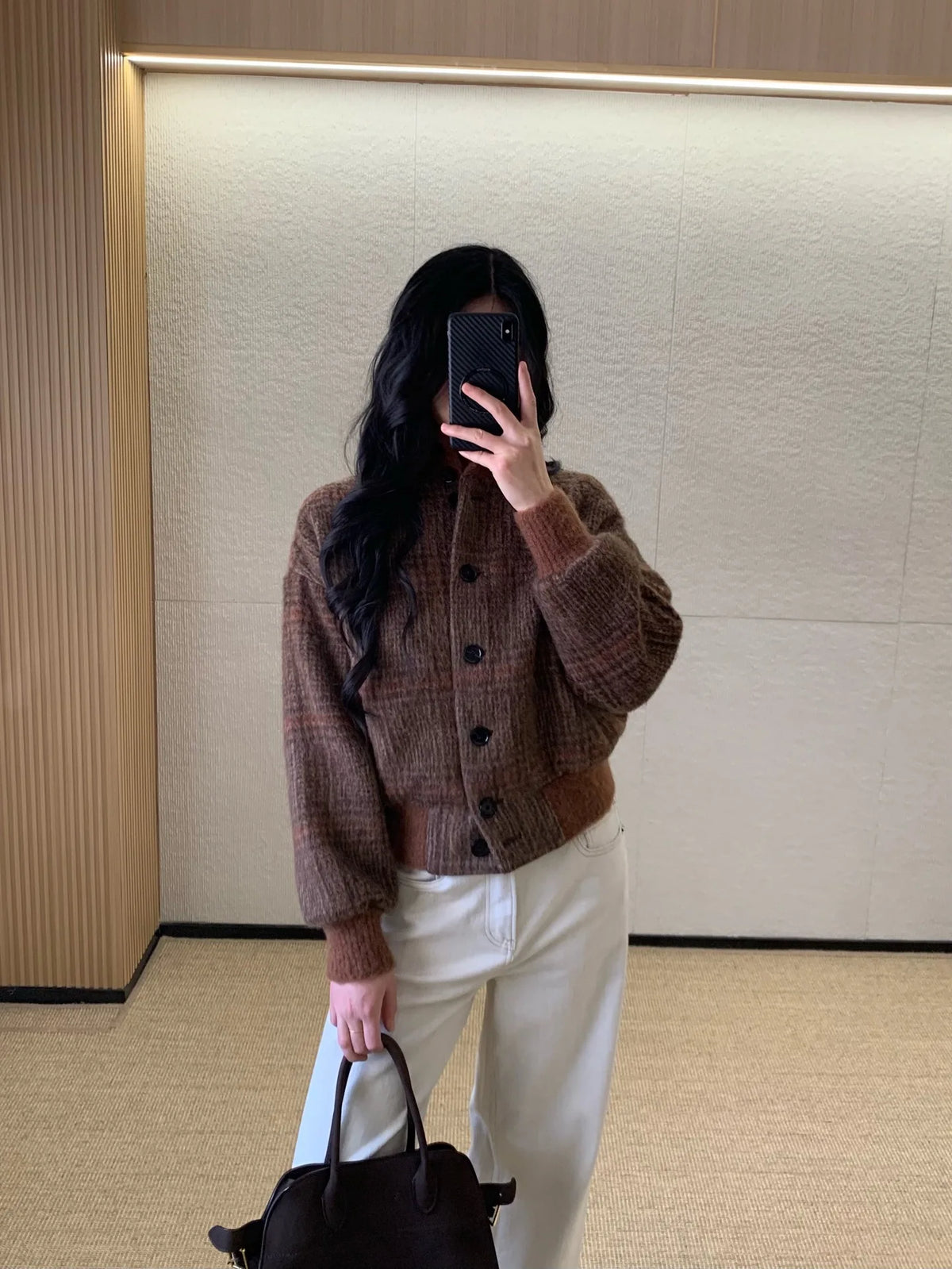 Vintage Plaid Wool Blend Stand Collar Jacket for Women