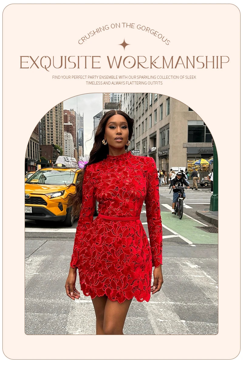 Retro Glamour Red Lace Waist-Cinched Mini Dress for Women