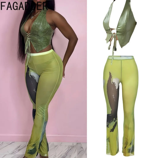 FAGADOER Y2k Sexy Tie Dye Printting Woman 2 Piece Set Outfit Halter Bandage Patchwork Crop Top and Flare Pants Female Streetwear
