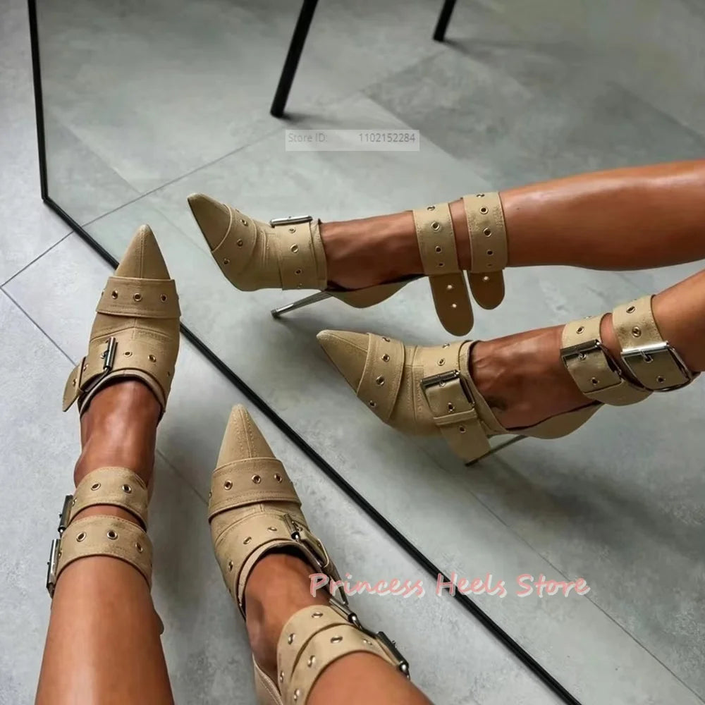 Denim Multi Buckle Strap Pointed Toe High Heel Sandals for Women