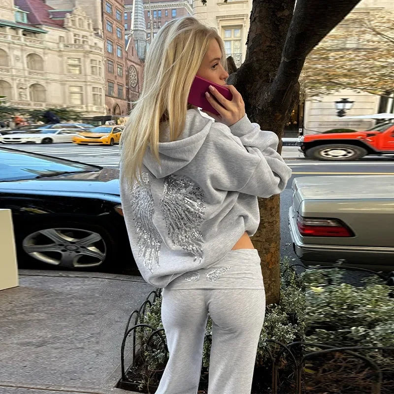 Sequin Wing Design Hooded Sweatshirt Pants Set For Women