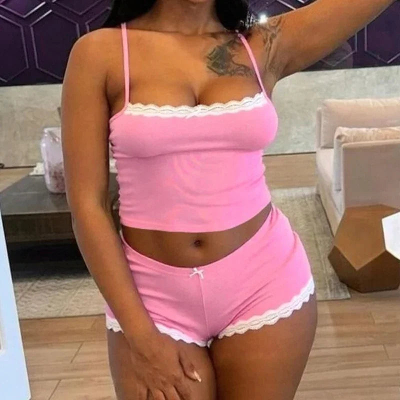 Fashion Lace Sexy Women's Shorts Summer 2025 New 2 Piece Streetwear Casual Slim Club Party Suit Solid Bow Lady Sports Clothing