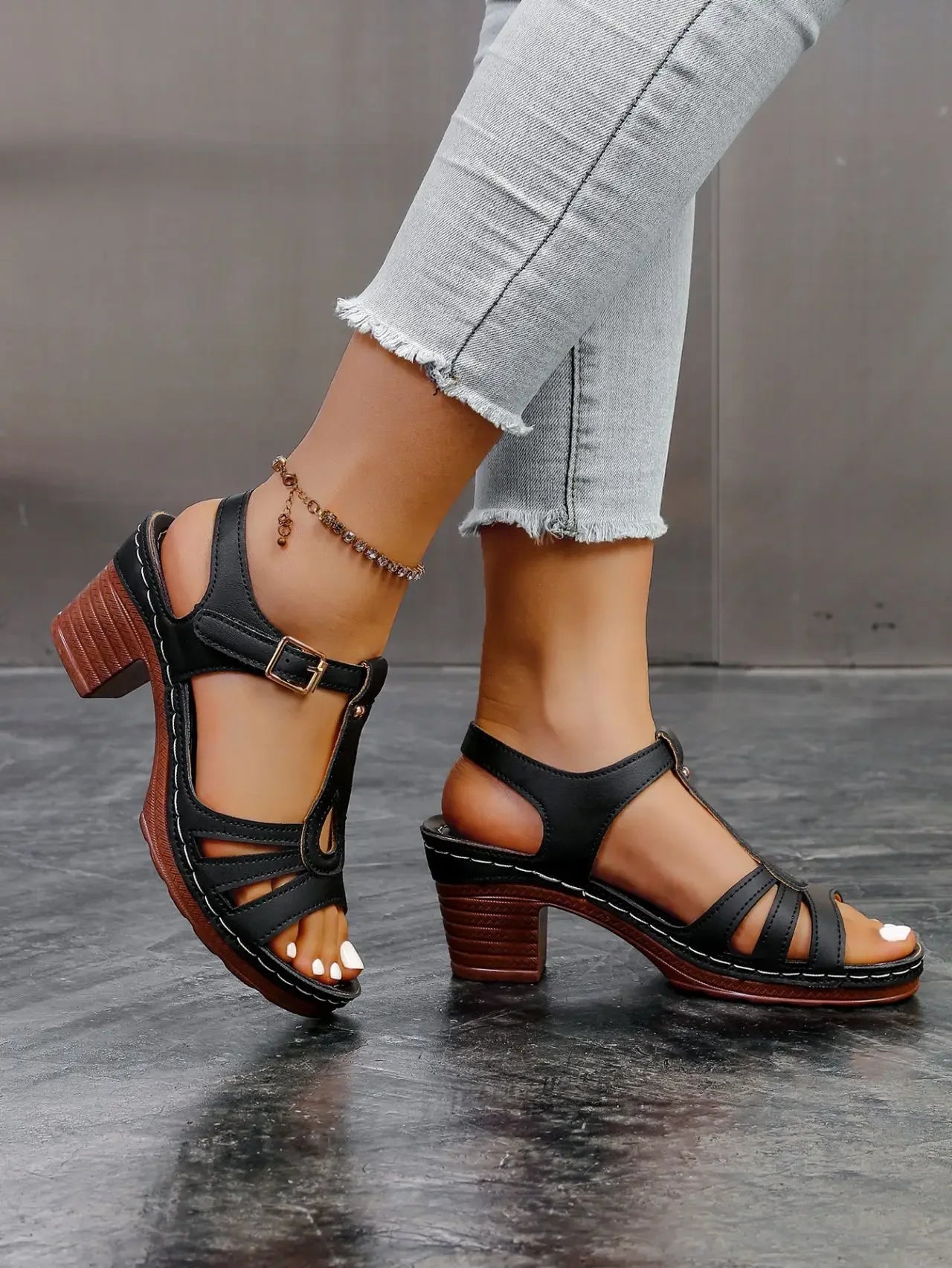 Elegant Square Heel Buckle Sandals