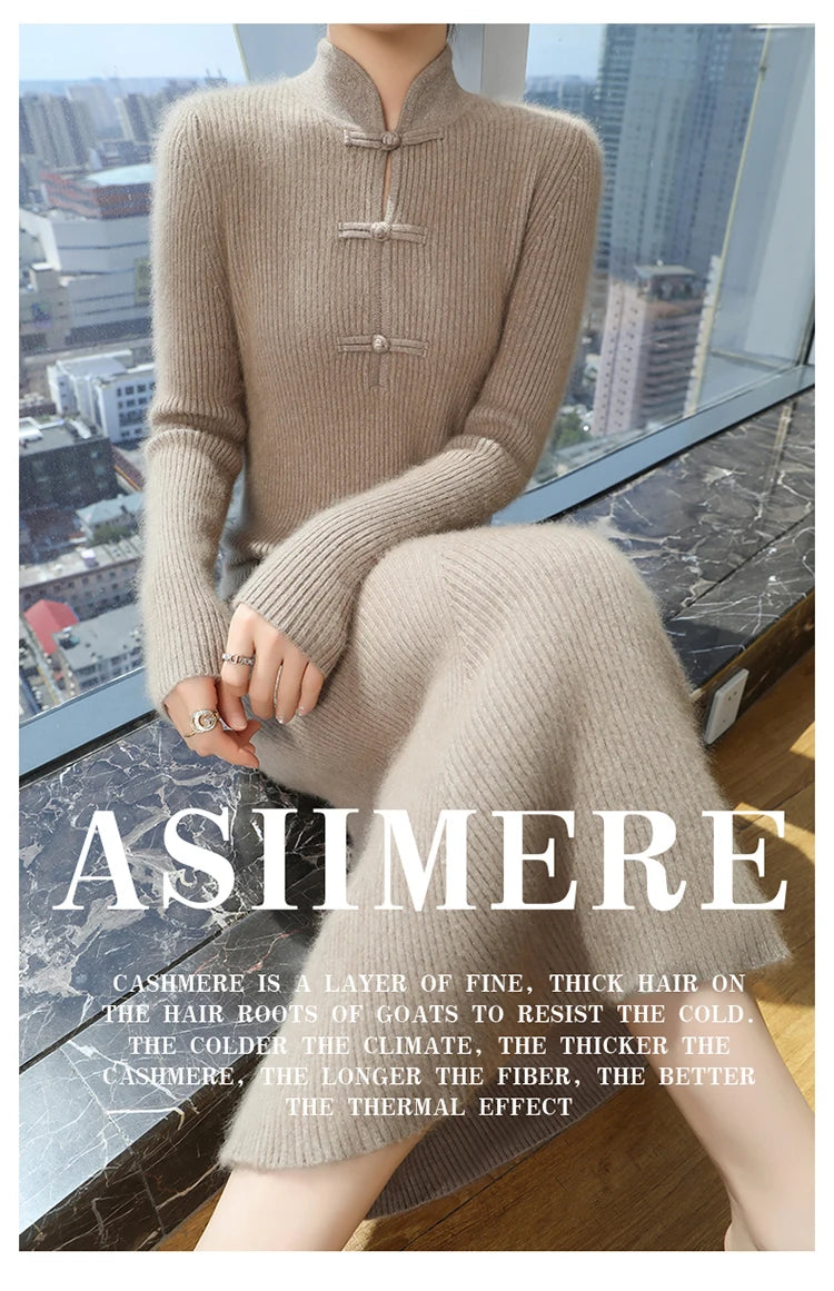 Stand Collar Ankle Length Fishtail Knit Dress for Women