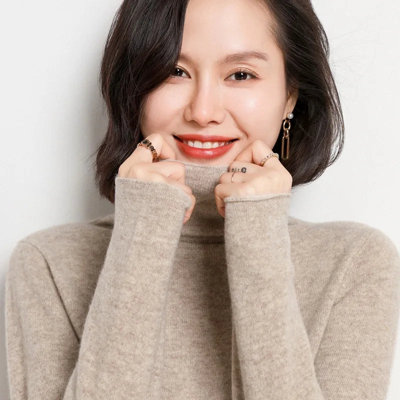 Wool Turtleneck Sweater With Stacked Collar for Women