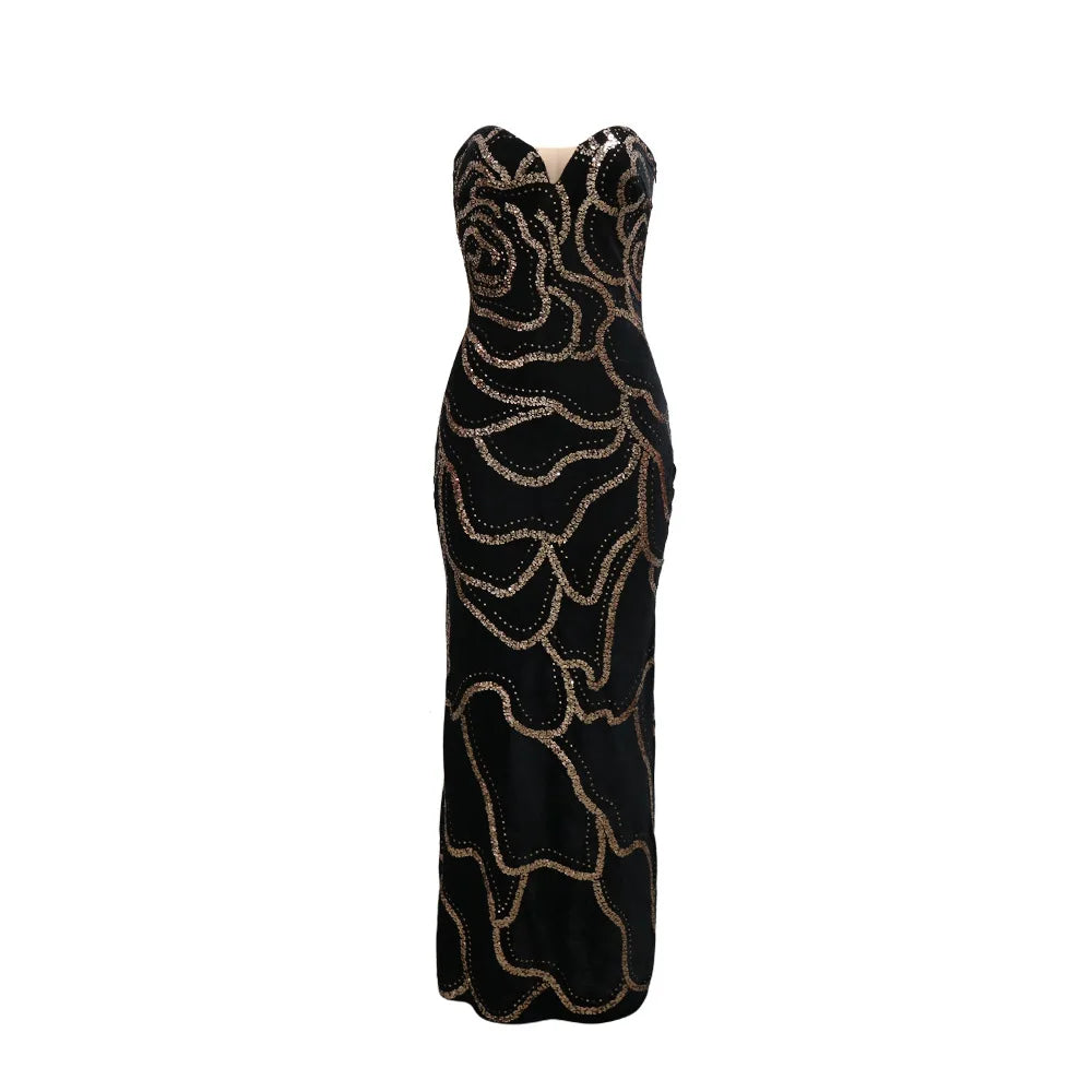 Sweetheart Strapless Deep V Velvet Rhinestone Rose Pattern Maxi Dress for Women