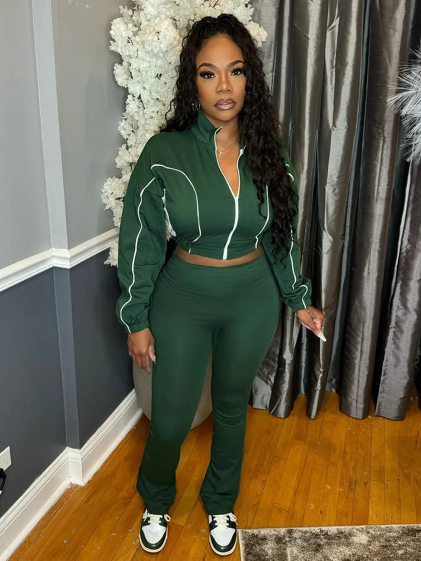 FAGADOER Casual Stripe Patchwork 2 Pieces Set for Woman Zip Long Sleeves Ruched Crop Top + Flare Pants Tracksuit Female Jogger