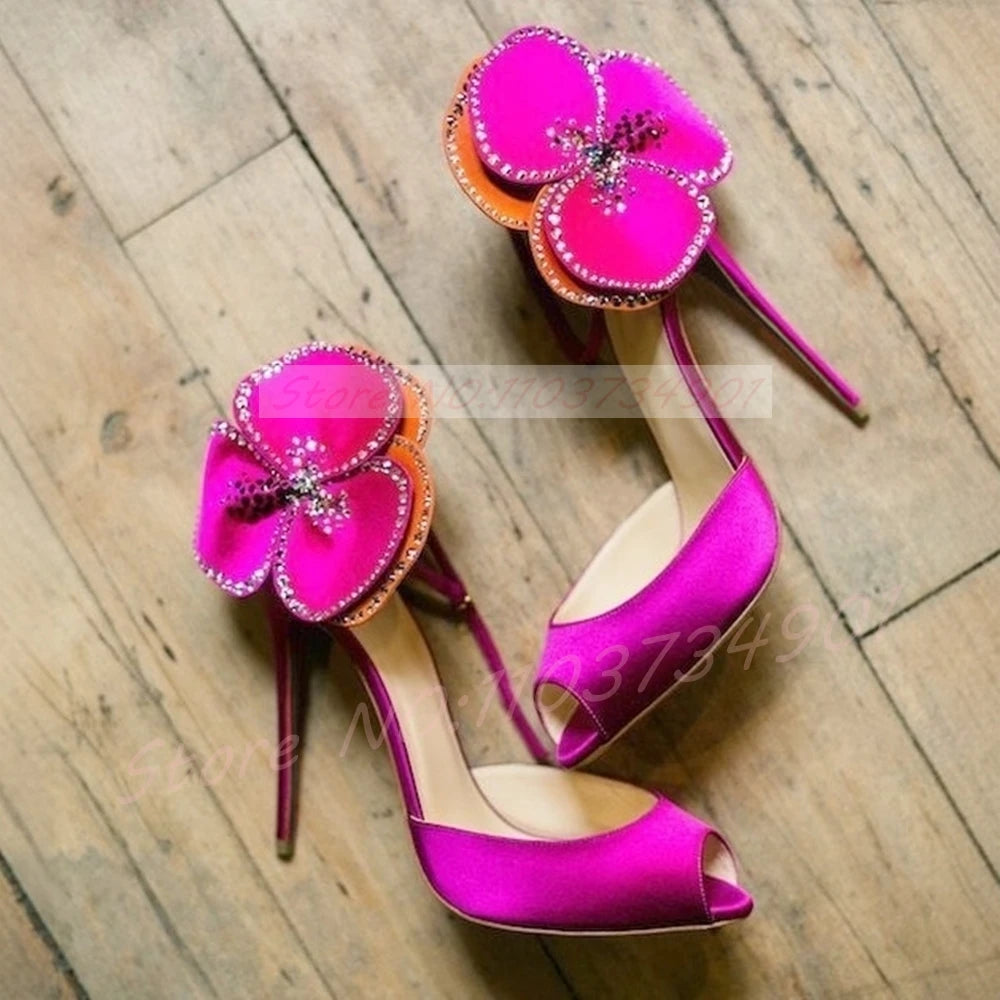 Pink Satin Crystal Peep Toe Stiletto Sandals for Women